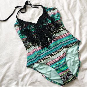Forever 21 Printed One Piece Swimsuit with Fringe